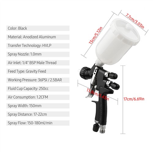 250cc HVLP Auto Paint Air Spray Gun Kit Gravity Feed Car Primer 1.0mm Nozzle - Picture 9 of 9