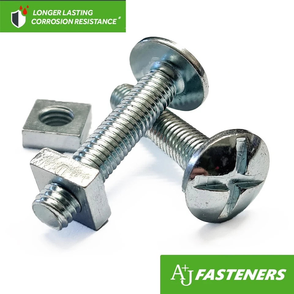 A & J FASTENERS M5 M6 M8 M10 ROOFING BOLTS & SQUARE NUTS CROSS SLOTTED DOME HEAD SCREWS ZINC BZP