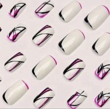 24 Pcs Black & Purple Striped Square Shape Push On Stick On Nails 