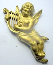 VTG Baroque  Rococo 14":CHERUB ANGEL GOLD  Wall Art Plaque  w LYRE Dart Ind