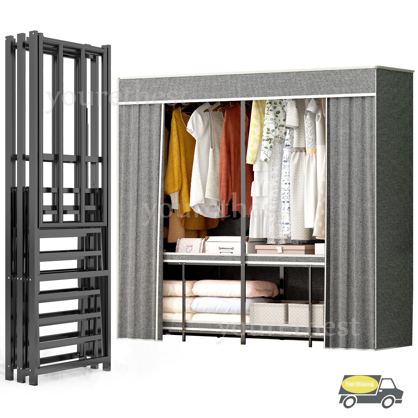 66" Assembled Wardrobe Closet Portable Closet System w/Cover Heavy Duty 3000 Lbs