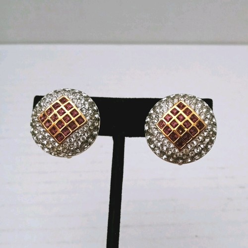 Vintage Swarovski Swan Gold Plated Crystal Pink Pave Dome Circle Clip Earrings - Picture 2 of 9