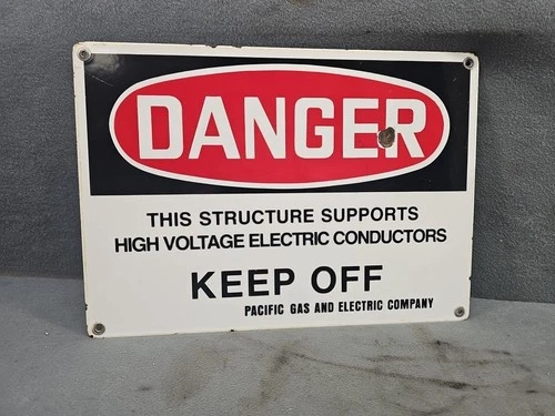 VINTAGE DANGER HIGH VOLTAGE KEEP OFF PACIFIC GAS PG&E CO. PORCELAIN SIGN 14x10