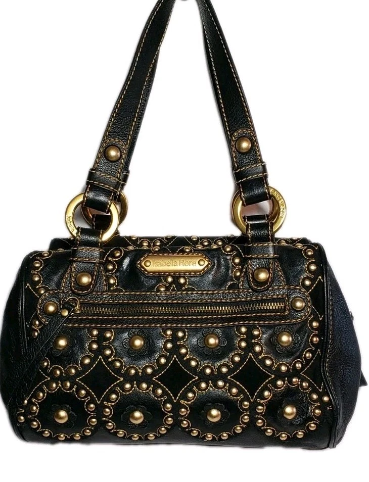 VINTAGE ISABELLA FIORE STUD MUFFIN TOTE HEAVILY STUDDED BLK FLORAL HANDBAG $795 - Image 3 of 4