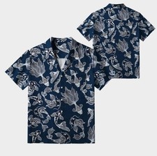 Navy Blue Koi Fish Hawaiian Shirt, Japanese Wave Aloha Button Up