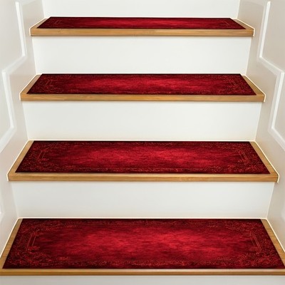 A 2D Flat Red Vintage Carved Border Pattern Stair Mat, Machine Washable And Ea