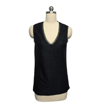 REISS Black Textured V-Neck Sleeveless Mesh Trim Top Shirt Women's Size S