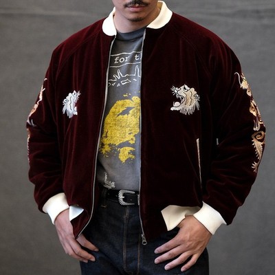 Men Velvet Sukajan Jacket Japanese Retro Tiger Dragon Embroidery