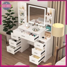 Vanity Set Desk 7 Drawers Large Mirror with Open Shelves LED Light Makeup Table