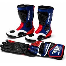 Honda Motorcycle Racing Boots & Gloves Set Protective Riding Gear Leather