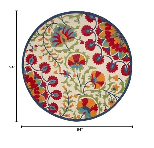 Round Red Floral Outdoor Rug 7ft 10in Multi Color Contemporary Style Soft Pile - Image 2 of 4