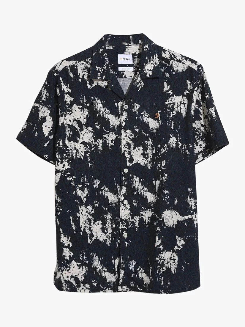Farah Gabrielle Print Short Sleeve Linen Cuban Shirt Navy - Size M - RRP £80