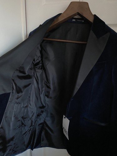 RRP£99.99 Zara Man Navy Blue Velvet blazer UK 38 EU 48 Contrast Black Lapel NEW - Picture 18 of 21