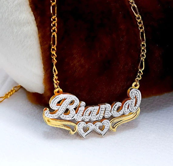 Collar personalizado plata y oro escritura doble cualquier nombre placa cadena gratis Foto 3 de 4