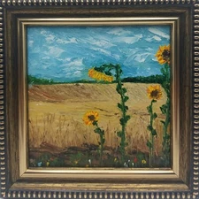 Field landscape oil painting Original artistic realistic painting impasto 4x4