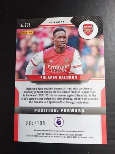 2021-22 Prizm Premier League Folarin Balogun Red Prizm #208 Rookie #065/199 - Picture 6 of 10