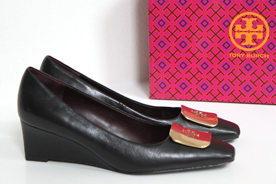 sz 8 Tory Burch Black Leather Logo Georgia Wedge Pump Shoes | eBay