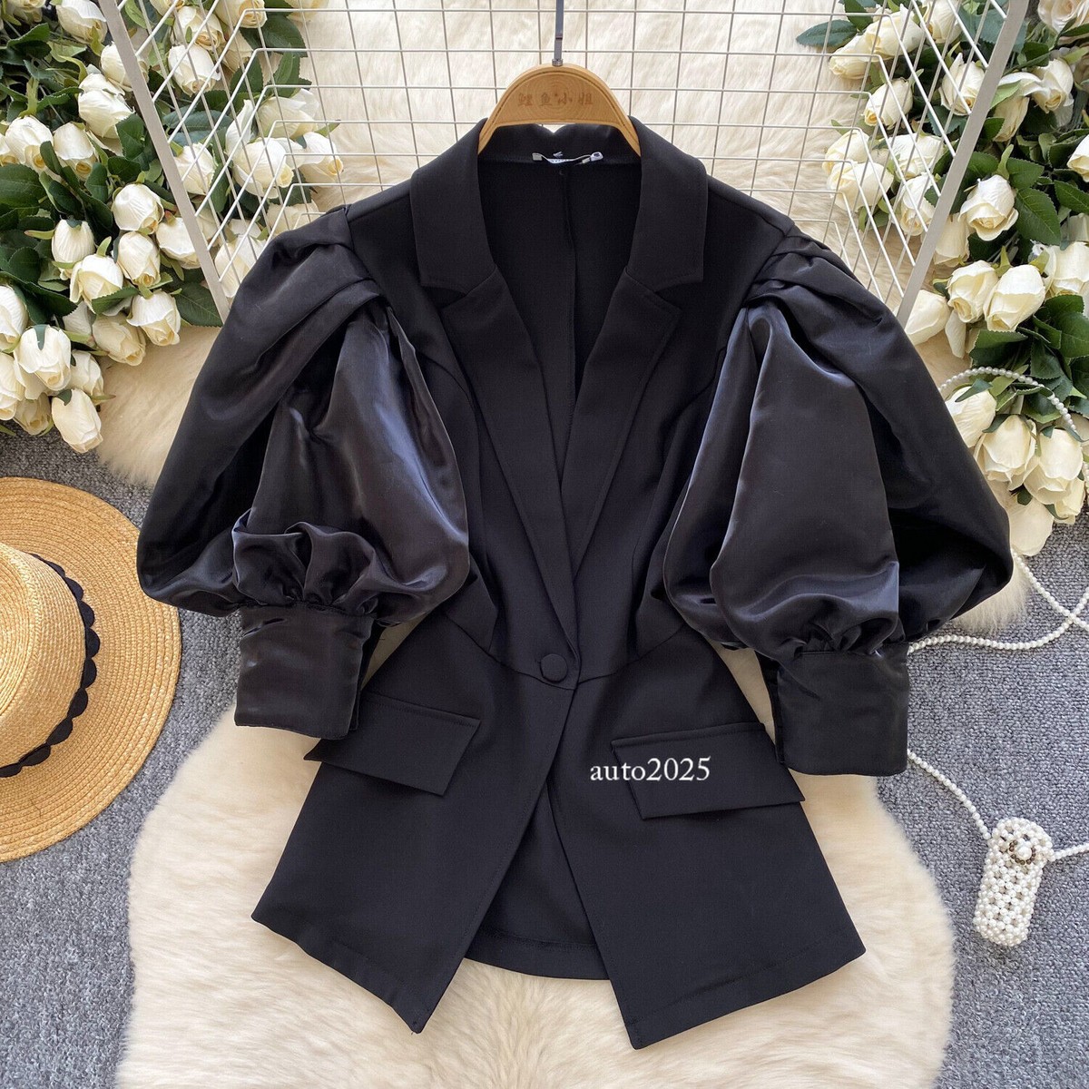 Womens Elegant Lapel Collar Loose Puff Sleeves Blazer Jacket Slim Suit  Outwear