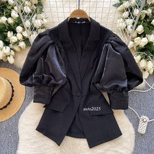 Womens Elegant Lapel Collar Loose Puff Sleeves Blazer Jacket Slim Suit Outwear