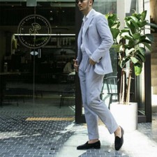 Men Seersucker Suit Blue Business Leisure Party Groom Tuxedo Casual Prom Custom