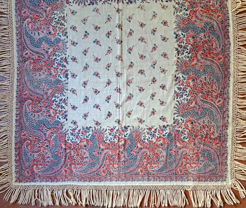 Antique PAISLEY SHAWL Block Printed Wool 1850's Textile - Picture 8 of 15
