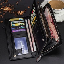 Men's Leather Long Black Wallet Bifold ID Card Holder Clutch Checkbook Billfold