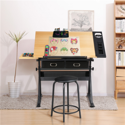 Adjustable Drafting Table With Drawers - Tilting Art Desk For Home Office (No Stool)
