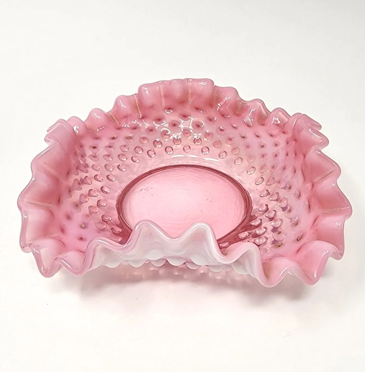 Vintage Fenton Cranberry Pink Opalescent Hobnail Ruffled Rim Candy