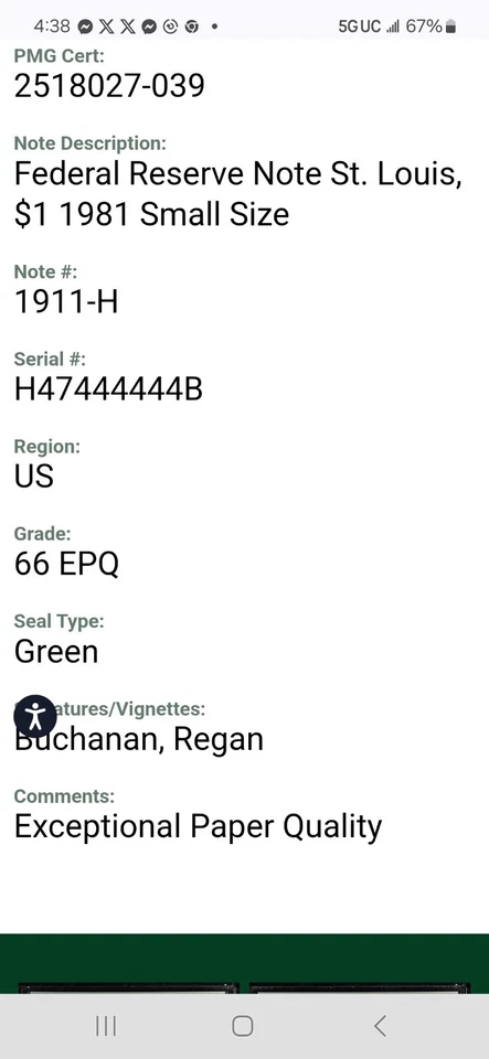 $1 Dollar Bill Binary Seven Of A Kind  Fancy Serial Numbers 4s PMG 66 Near Solid - Image 4 of 4