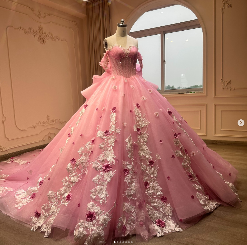 Princess Pink Quinceanera Dresses with White Florals Sweet 15 16 Ball Gowns  | eBay