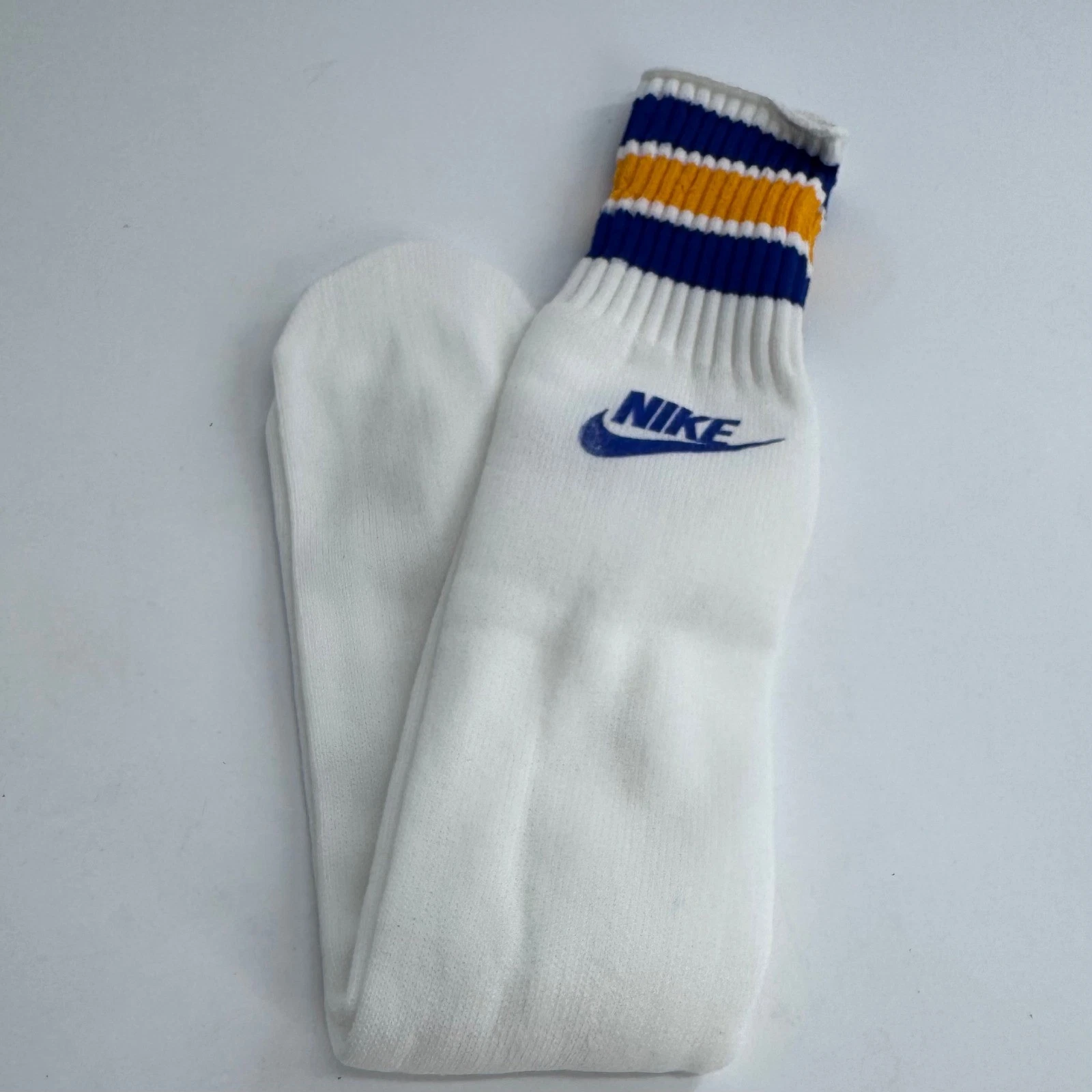Nike Vintage Tube Socks White Blue Yellow Stripe Logo Athletic Sportswear