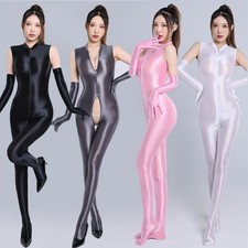 Women Satin Sleeveless Bodystocking Jumpsuit Zipper Bodysuit Catsuit with Gloves