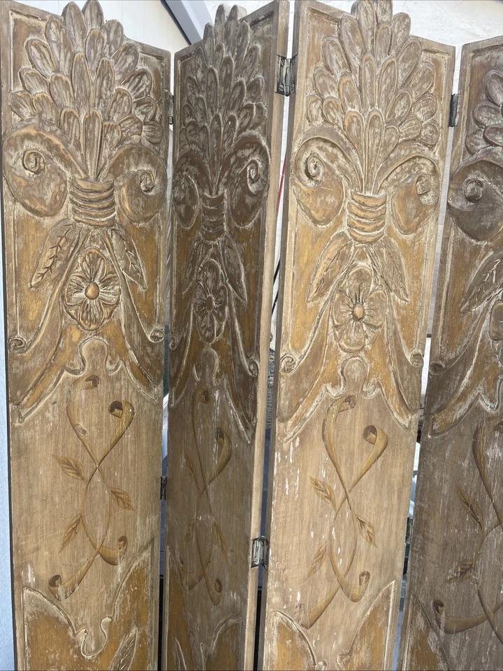Retro Style Handcrafted 60’s Solid Wood Carved 4 Panel Divider Heavy Rare - Image 3 of 4