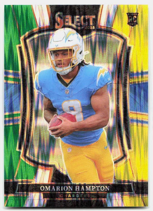 2025 Panini Select #102 Omarion Hampton Green and Yellow Prizm Shock