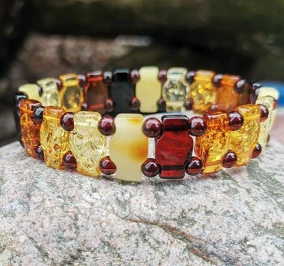 Bracelet en ambre naturel élastiques extensibles multicolores perles de... - Photo 1/4