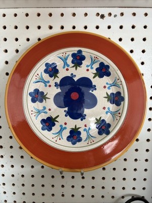 Giftcraft Mexican Sunrise Platter 11 1/2'' Orange Band Blue Flowers 2003 Red