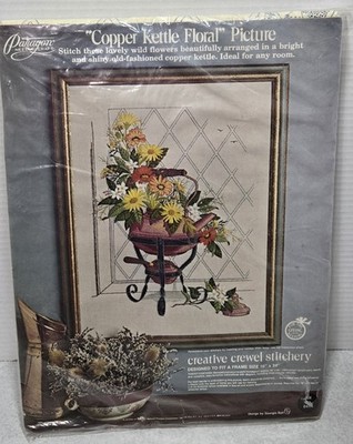Vintage Paragon Needlecraft Copper Kettle Floral Picture Crewel Stitchery READ