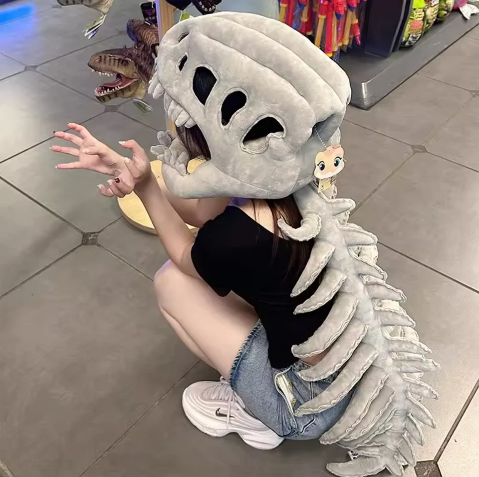 Traje de dinosaurio de peluche, conjunto de disfraz de esqueleto de dinosaurio realista divertido tocado Foto 2 de 2
