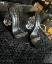 Boohoo Women’s Black/Clear Strappy Block Heel Open Toe Sandals UK 3