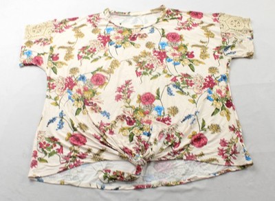 E.Luna Women's Plus Lace Sleeve Knotted Front Tie Top EH6 Multicolor Size 3X