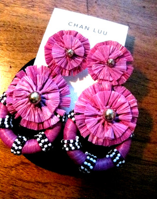 Chan Luu Earrings Long Beaded RaspBerry Raffia Light Medallion Festival New $68