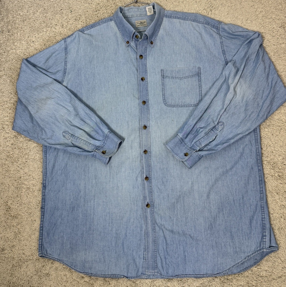 VTG LL Bean Mens Denim Chambray Button Up Shirt Size XXL Tall Blue Chore Utility