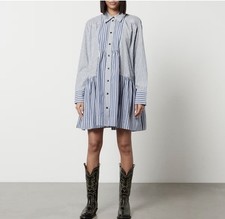 GANNI Stripe Cotton Wide Mini Shirt Dress Blue White Size 40 US L EUC