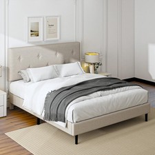 Full Size Linen Bed Frame, Upholstered Platform Bed Frame with Adjustable Hea...