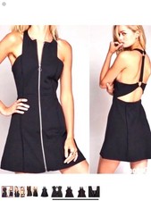 Women's Free People Black High Neck Cool Mini Zip Front Open Back Stretchy Dress