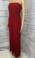 1980's VTG Night Way Collections Red Glitter Strapless Maxi Evening Gown Dress S