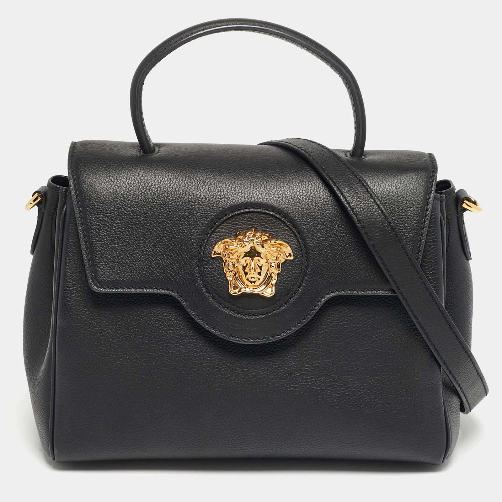 Versace La Medusa Black Leather Flap Top Handle Bag