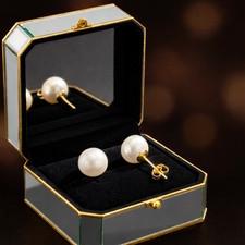 14K Solid Yellow Gold 9mm Crystal Pearl Stud Earrings Classic White Pearl Gift