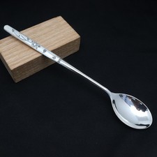 Pure S999 Fine Silver Tableware Carved Flower Long Handle Spoon 29-30g 6.8inch L