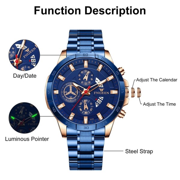 Reloj Hombre Impermeable Acero Inoxidable Cuarzo Clásico Luminoso de Negocio 5